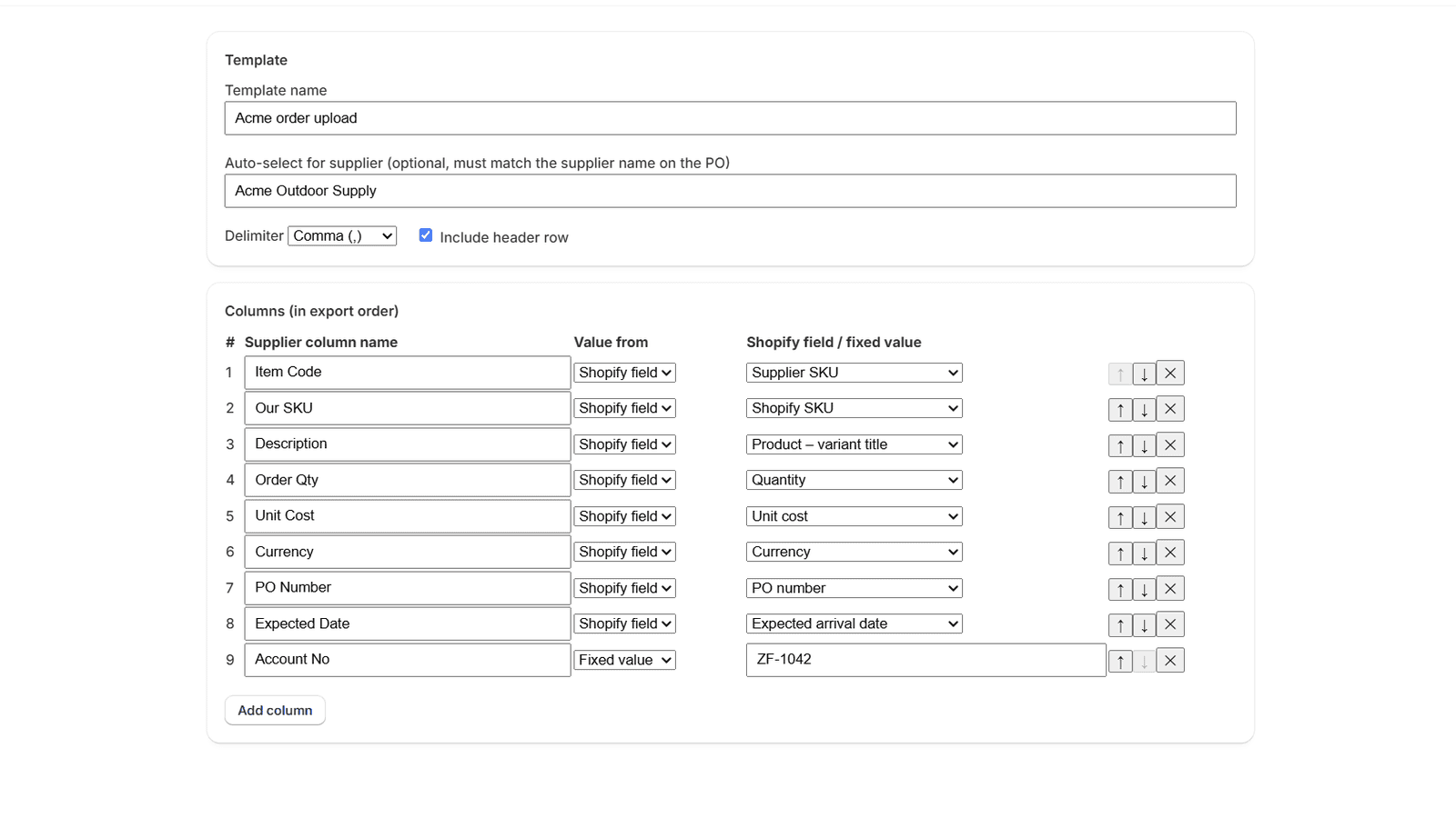 Supplier Bridge template editor for a template named Acme order upload, auto-selected for supplier Acme Outdoor Supply, comma delimiter, header row on, and nine columns in export order: Item Code (Supplier SKU), Our SKU (Shopify SKU), Description (Product – variant title), Order Qty (Quantity), Unit Cost, Currency, PO Number, Expected Date (Expected arrival date) and Account No as the fixed value ZF-1042.