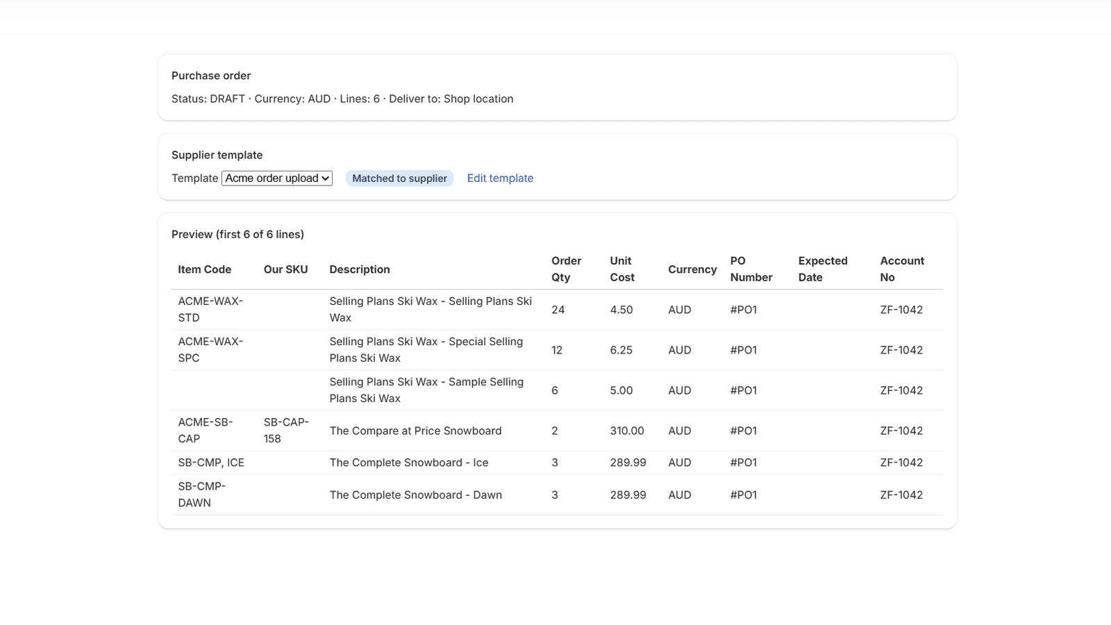 Supplier Bridge purchase order page for a draft order in AUD with 6 lines. The Acme order upload template is selected with a Matched to supplier badge, and a preview table shows the supplier's columns filled from the order, including one line with an empty Item Code and an empty Expected Date column.